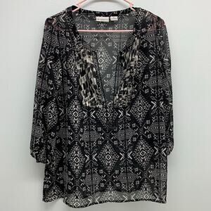 Liz Claiborne Blouse Womens Petite Large PL Black White Sheer Tunic 3/4 Sleeve
